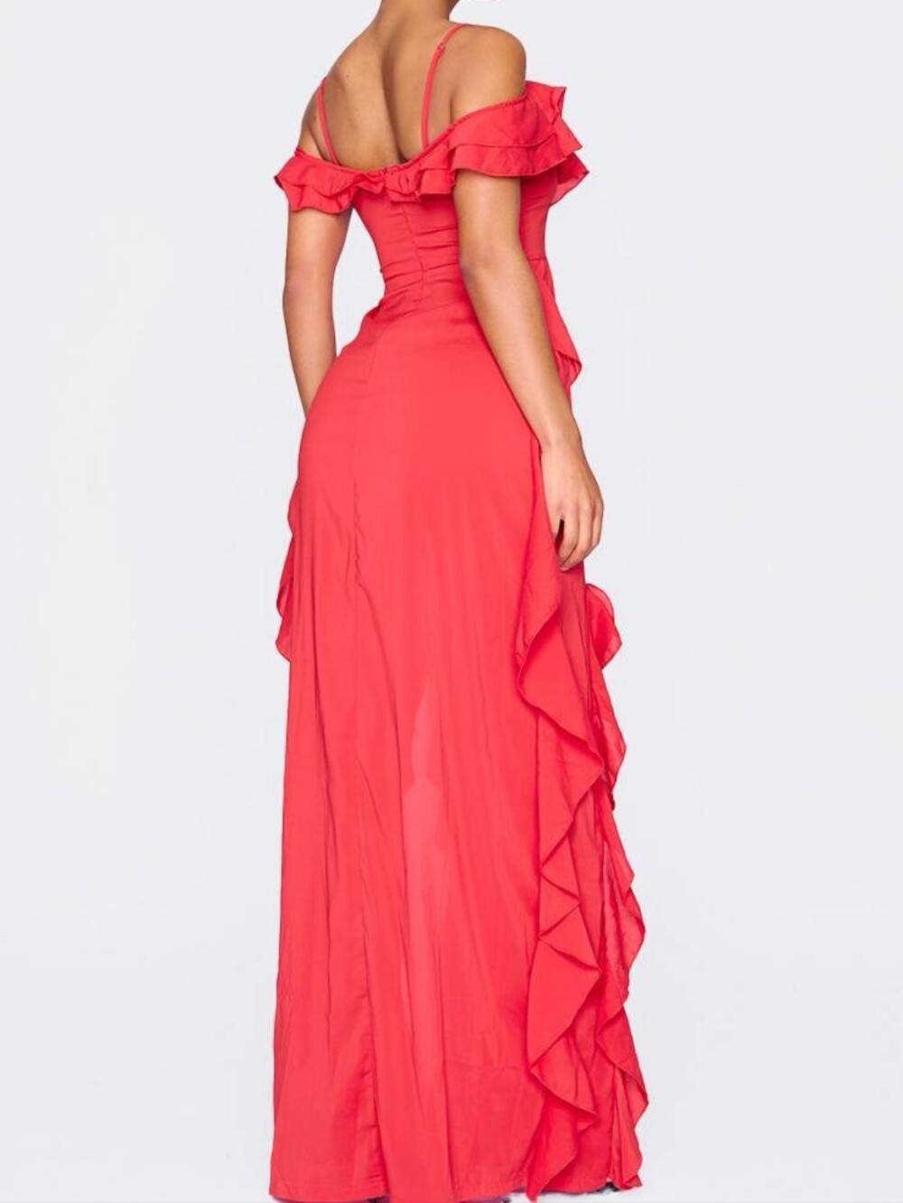 $130 NWT PRETTYLITTLETHING Red Cold Shoulder Ruffle Maxi Dress US 10 - Picture 6 of 13